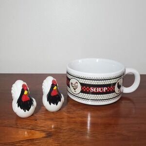 Rooster And Chicken Wire Coop Houston Harvest Soup Mug w/ salt and pepper shaker
